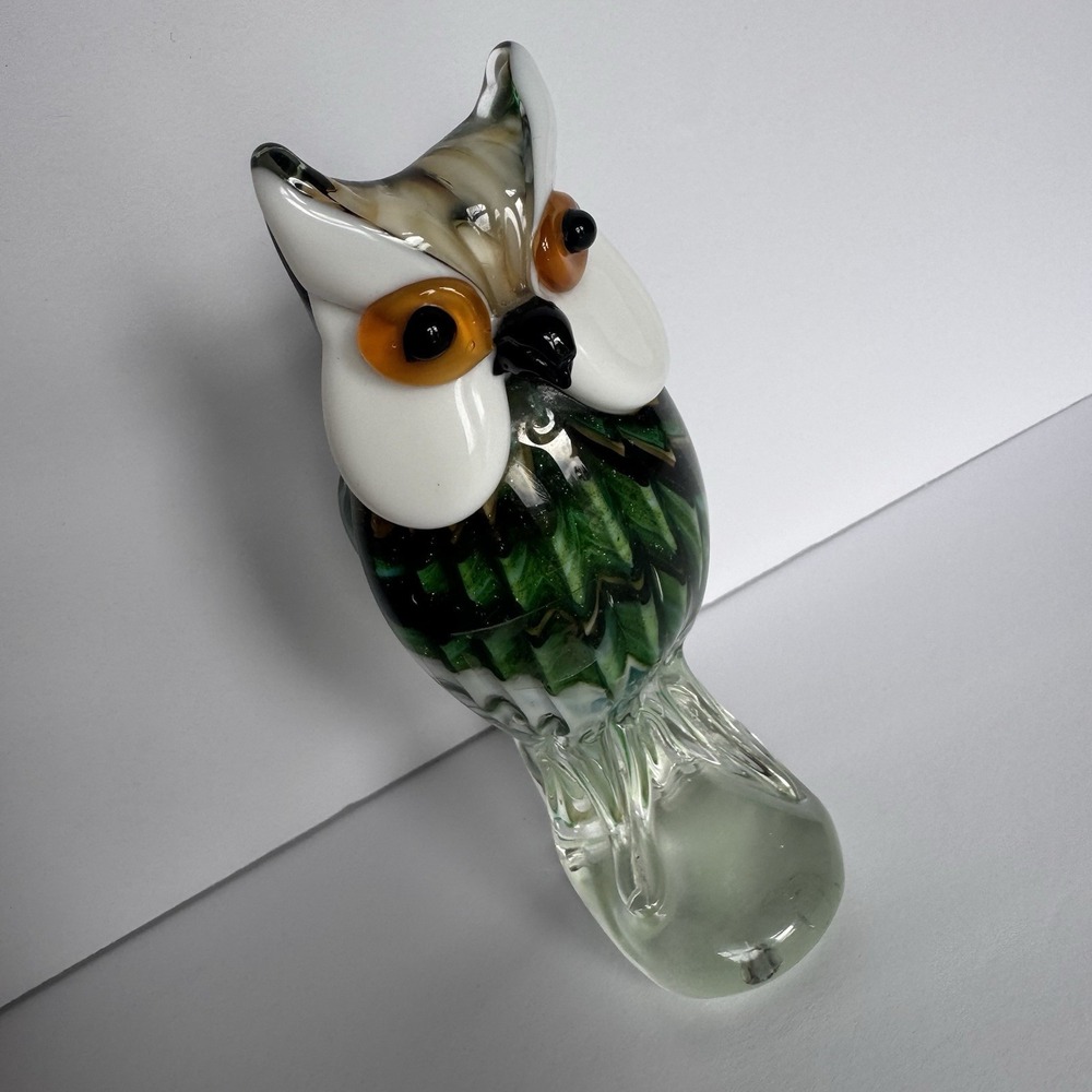 6.5" Art Glass Handblown Glass Murano Style Owl Figurine Gorgeous Green